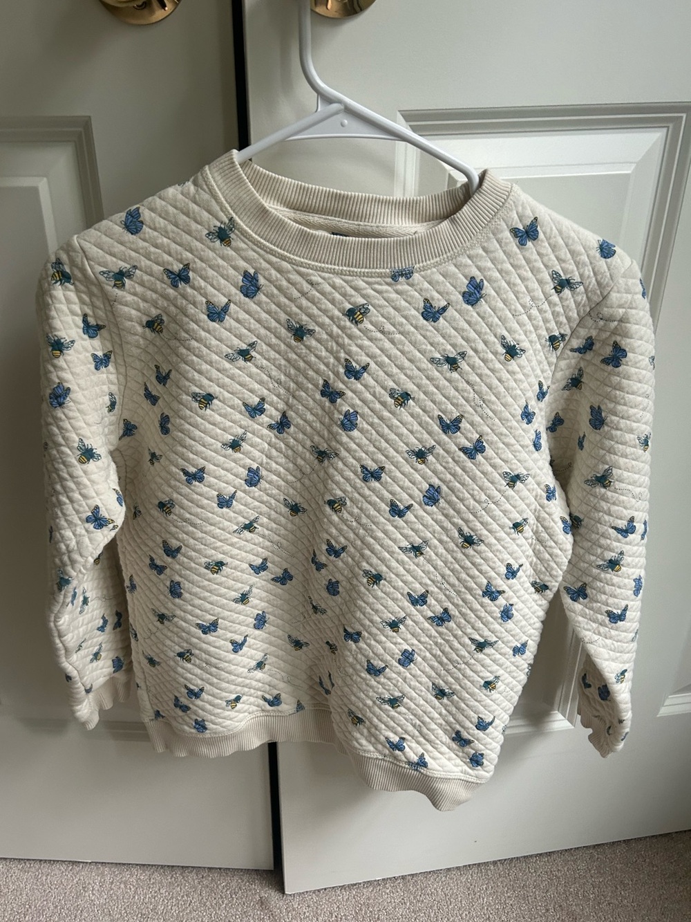Cream Quilted Crewneck Sweatshirt with Blue Butterfly and Bee Print